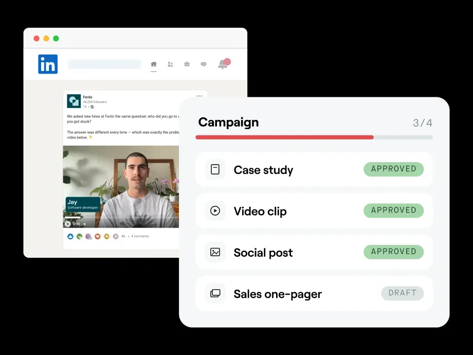 Campaign approval dashboard and a published social post